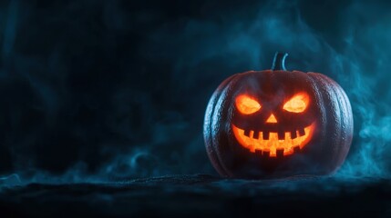 Sinister Glowing Jack-o'-Lantern Surrounded by Swirling Mist in Ultra HD Quality for Halloween Theme with Copy Space, Selective Focus