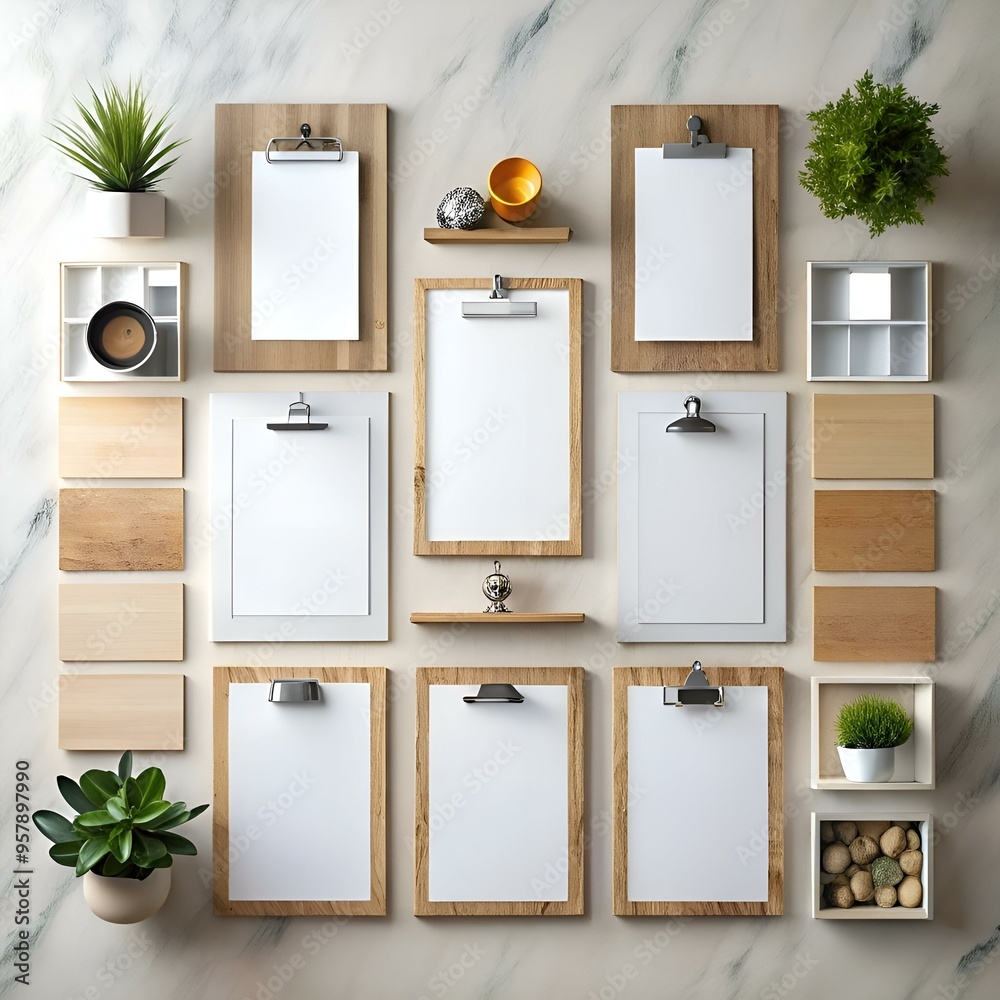 Wall mural a stylish mockup of nine empty frames with clipboards. perfect for showcasing your designs. artwork.