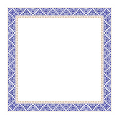 Blue gold square Islamic Asian Kazakh national ornament frames. Kazakh pattern frame, border, decorative ornament of the Kazakh, Kyrgyz, Mongol, Tatar, Uzbek, Tajik for plates, textiles, print design