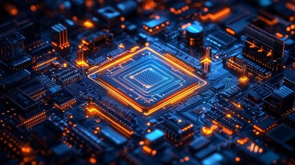 Detailed technical diagram of a copper PCB for robotics, isometric view, blueprint style, cool blue and metallic tones, high precision, labeled components, intricate circuit pathways