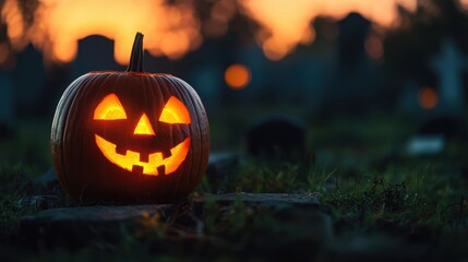 Eerie Jack-o'-Lantern with Ghostly Glow in Shadowy Cemetery - Halloween Spooky Scene with Copy Space, Ultra HD