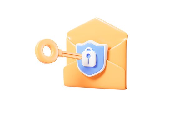 Cartoon mail with shield, unlock encrypted email , 3d rendering.