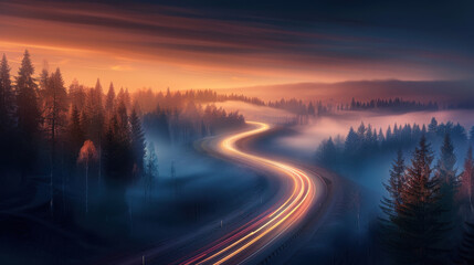 Winding Road Through Foggy Forest at Sunset