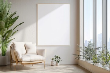 Poster Frame in Beige minimalist living room interior created with generative AI