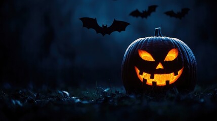 Spooky Halloween Jack-o'-lantern with Glowing Sinister Vibes and Bats at Night with Copy Space, Selective Focus - Ultra HD