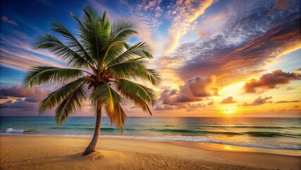 Fototapeta premium Tropical beach scene with palm tree, golden sand, and colorful sky