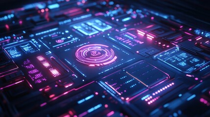Fototapeta premium Futuristic copper board, illuminated with neon holograms and interactive UI elements, glowing in deep blue and purple tones, 3D render, Sci-Fi aesthetic