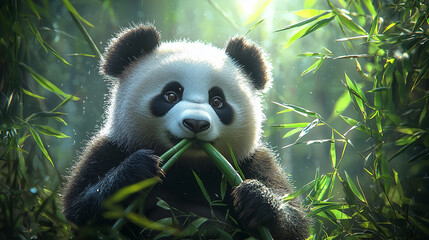 A gentle giant panda munching on bamboo in a serene Chinese bamboo forest