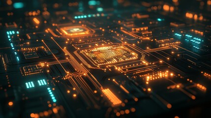 Obraz premium Futuristic copper circuit board with glowing, holographic interface elements, detailed icons, and vivid blue and green lights on a sleek surface