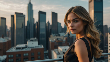 Fototapeta premium girl formal wear in Urban rooftop with city skyline background
