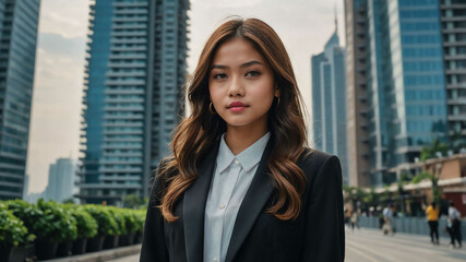 Fototapeta premium girl formal wear in Urban street with skyscrapers background