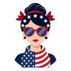 Patriotic mom with a messy bun, aviator sunglasses, bandana, and 4th of July vector illustration in the colors of the national flag of the USA. Independence Day funny print on a white background 