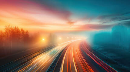 Highway at Sunset with Light Trails