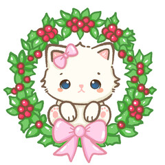 Kawaii Illustration doodle pink Christmas for greeting card, invitation, party  Hand drawn cute white cat with christmas holly branch wreath with a ribbon and a pink bow on its head