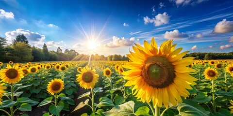 A beautiful sunlit sunflower field under a clear blue sky with vibrant green foliage