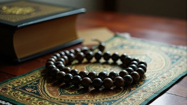 Islamic Muslim background with copy space featuring tasbih and Quran and prayer carpet, for any Islamic designs.