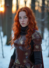 A young woman in brown leather armor with snowflake designs and a sword, standing in a snowy forest.