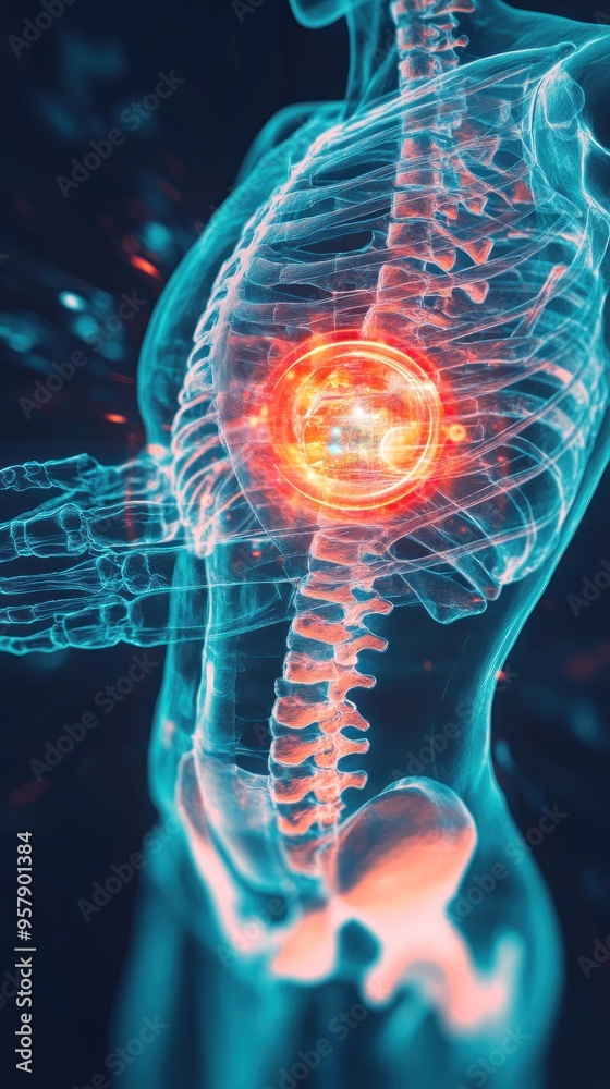 Sticker 3D illustration of a human skeletal system with a glowing red spot on the chest, representing pain or inflammation.