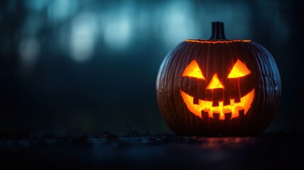 Fototapeta premium Startled Jack-o'-Lantern with Deep Scars Glowing in Ultra HD - Halloween Decoration Closeup with Copy Space