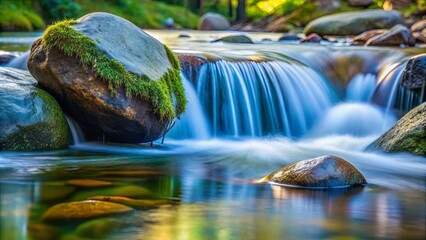 Obraz premium A serene close-up of water flowing from a rock into a body of water, surrounded by rocks and a tranquil atmosphere