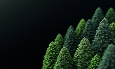 abstract 3d illustration of lush green coniferous trees in a dark forest setting for website and presentation designs