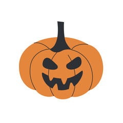 Vector illustration of cartoon Jack-o-lantern with smiling spooky face. Halloween flat design in orange and black, jack o lantern pumpkin for autumn decorations and seasonal celebrations, festive icon