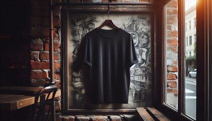 Black T-Shirt Hanging Against Vintage Brick Wall Urban Street Art Background, Fashion Concept, Rustic Window Display, Casual Clothing, Moody Atmosphere, Daylight