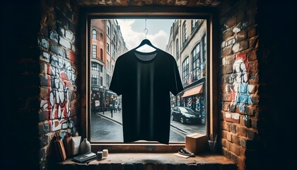 Black T-Shirt Hanging Against Vintage Brick Wall Urban Street Art Background, Fashion Concept, Rustic Window Display, Casual Clothing, Moody Atmosphere, Daylight