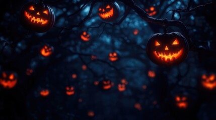 Fototapeta premium Enchanted Halloween Forest with Jack o'Lanterns on Trees Illuminating the Night | Pathway to Darkness and Mystery | Ultra HD Photo with Copy Space