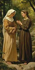  painting of the Visitation depicting the biblical scene in which a pregnant Mary welcomes a pregnant Elizabeth. AI generative.