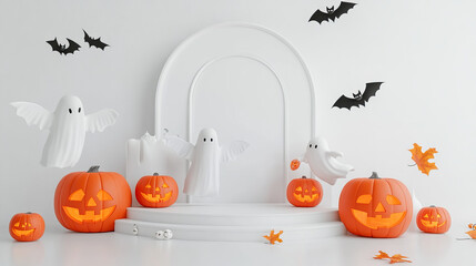 A festive 3D render celebrating Halloween with a playful and spooky design. The scene features a podium stand, ideal for showcasing products, set against a dark orange background to evoke a Halloween 