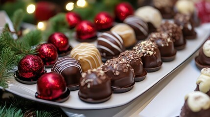 Festive Chocolate Truffles and Holiday Ornaments - A festive assortment of chocolate truffles beautifully displayed alongside sparkling red holiday ornaments and greenery for Christmas celebrations.