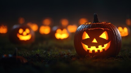 Enchanting Halloween Atmosphere with Glowing Jack-O'-Lanterns and Eerie Smiles, Copy Space for Text, Selective Focus - Ultra HD