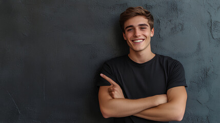 Young man isolated on gray textured wall, smiling while pointing with index finger to black t-shirt, copyspace for advertising
