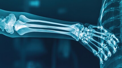X-ray image of a human arm and hand, showing the bones in detail.