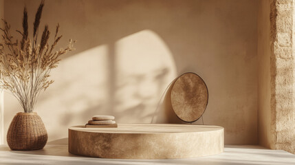 A sophisticated 3D background featuring a beige podium display with a nature-inspired touch. The scene includes a nude cosmetic or beauty product positioned on a smooth, beige podium. The podium is de