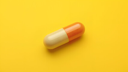 The tablet is a capsule on a yellow background The concept of medicine vitamins dietary supplements for humans maintenance of immunity and health