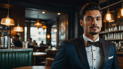 Fototapeta premium guy formal wear in Upscale coffee shop background