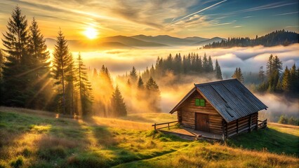 Cozy wooden cabin surrounded by mist in a sunlit forest valley at sunrise
