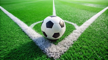 Traditional soccer ball on green soccer field surrounded by white lines