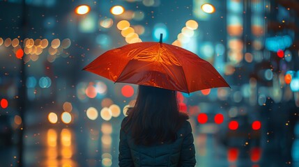 Woman with Red Umbrella in Rainy City Night