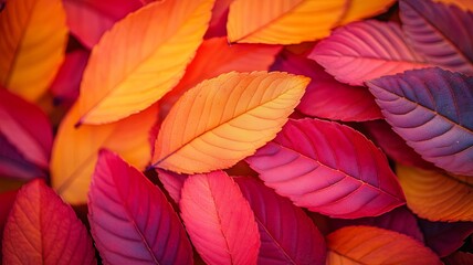 Vibrant Red Orange Yellow Autumn Leaves Close-Up, Seasonal Fall Foliage Background, Nature Texture Wallpaper, Bright Colorful Leaf Pattern, Perfect for Autumn-Themed Designs and Projects 