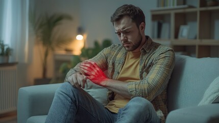 Obraz premium Man sitting on a couch, holding his hand in pain.