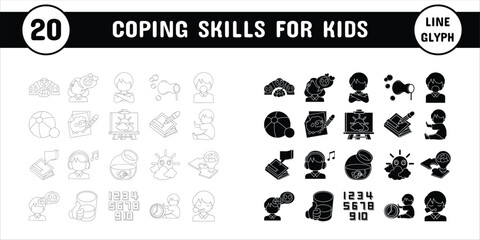 Coping Skills for Kids Line Glyph Vector Illustration Icon Sticker Set Design Materials