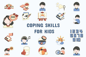 Coping Skills for Kids Lineal Color Vector Illustration Icon Sticker Set Design Materials