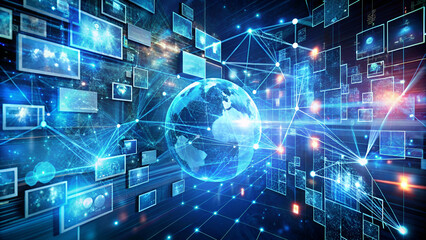 Fototapeta premium Intricate web of screens showcasing various data, symbolizing the interconnectedness of the digital world. Dynamic network of screens connected by lines of light, representing