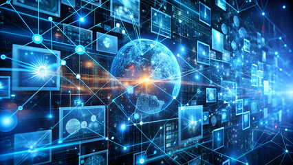Obraz premium Intricate web of screens showcasing various data, symbolizing the interconnectedness of the digital world. Dynamic network of screens connected by lines of light, representing