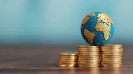 Global Wealth Concept - Shiny Gold Coins on Globe with Copy Space , Selective Focus in Quality for Financial, Investment, Economy Designs