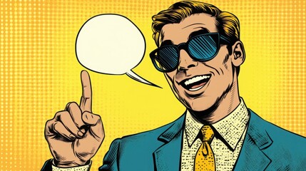 A man in a business suit speaks a speech bubble. Comic book halftone style