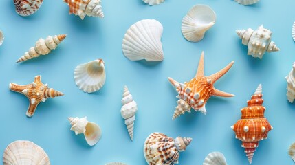 Obraz premium Sea shells on blue background